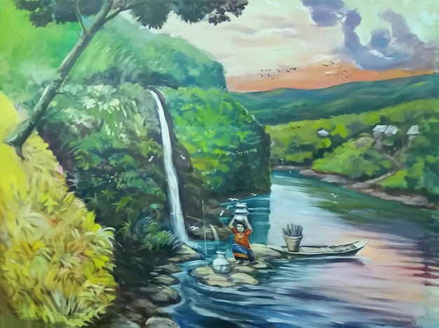 Lago montañoso con cascada hermosa ilustración de pintura a mano