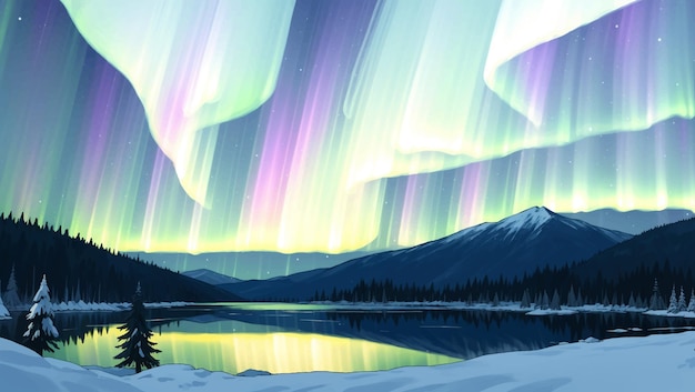 Vector lago nevado en el invierno con montañas nevadas y auroras boreales aurora en la noche ilustración de pintura dibujada a mano