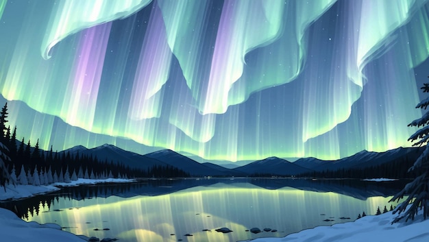 Vector lago nevado en el invierno con montañas nevadas y auroras boreales aurora en la noche ilustración de pintura dibujada a mano