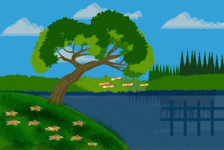 Lago y paisaje de montaña ilustración fondo natural salvaje