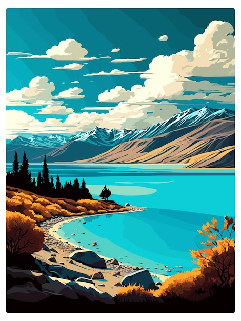 Vector lago pukaki nueva zelanda cartel de viaje de época cartel postal de recuerdo pintura de retrato ilustración wpa