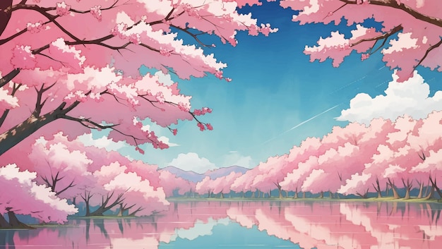 Lago rodeado de árboles de sakura flores de cerezo Ilustración de pintura dibujada a mano