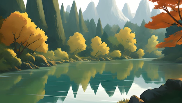 Lago rodeado de montañas y árboles de otoño Paisaje detallado Ilustración de pintura dibujada a mano