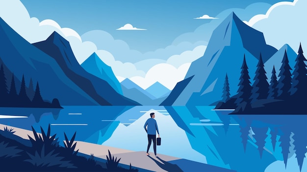Vector un lago sereno que refleja las majestuosas montañas un hombre caminando por su orilla dejando ir su estrés