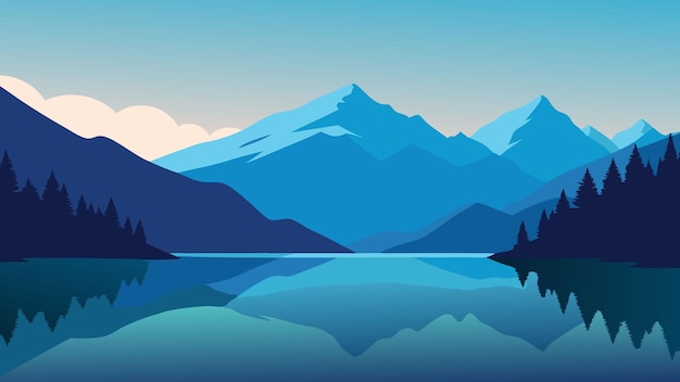 Lago tranquilo con majestuosas montañas que se elevan en el fondo capturando la esencia del desierto pacífico ilustración vectorial plana fondo natural