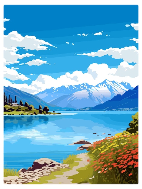 Vector lago wakatipu nueva zelanda cartel de viajes de época cartel postal de recuerdo pintura de retratos ilustración wpa