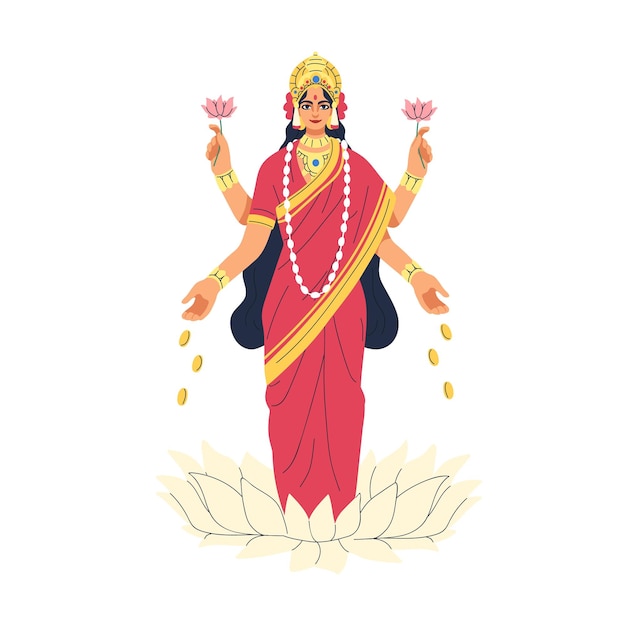 Lakshmi diosa del hinduismo, India. Divine Laxmi, personaje hindú femenino indio de riqueza, oro. Mitología antigua mujer deidad de la prosperidad. Ilustración de vector plano aislado sobre fondo blanco.