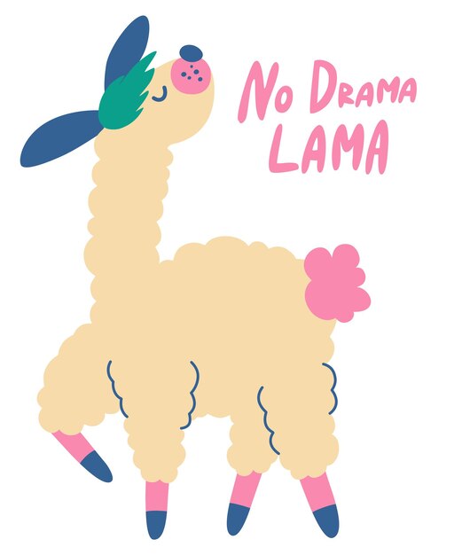 Vector lama. no hay cita de letras de drama lama. dibujar a mano alpaca. personaje de dibujos animados lindo kawaii divertido. camiseta, tarjeta de felicitación, impresión de plantilla de póster. ilustración vectorial aislado sobre fondo blanco.