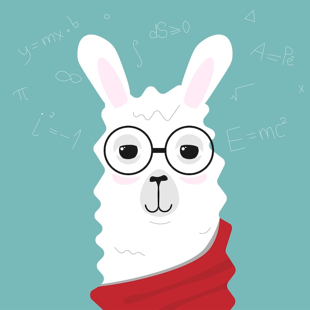 Lama o matemático de alpaca con gafas Símbolos matemáticos en el fondo Ilustración vectorial del Día Nacional de las Matemáticas 22 de diciembre