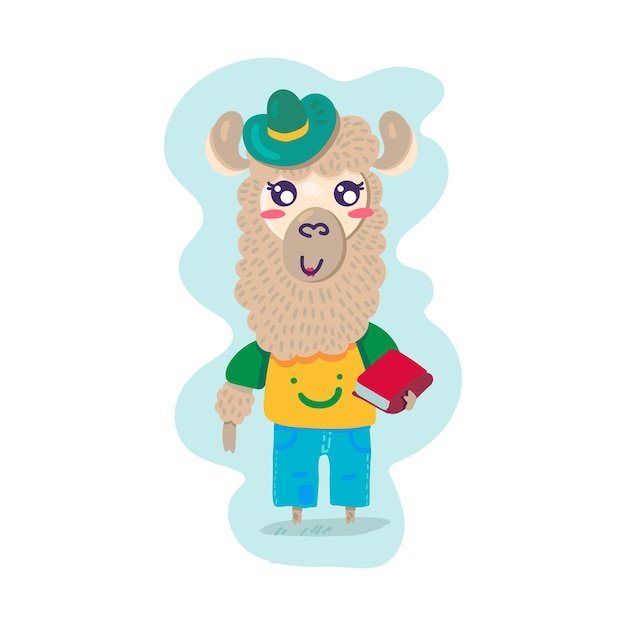Lama sostiene el libro de educación para aprender el vector de la lección. Estudiante animal feliz lindo y divertido que sostiene la literatura para aprender y adquirir conocimiento. Ilustración de dibujos animados plana de personaje