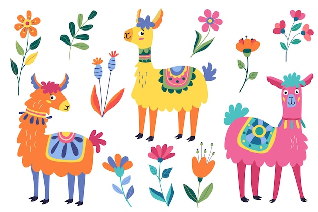 Con lamas y flores divertidas Ilustración decorativa de colores en estilo plano
