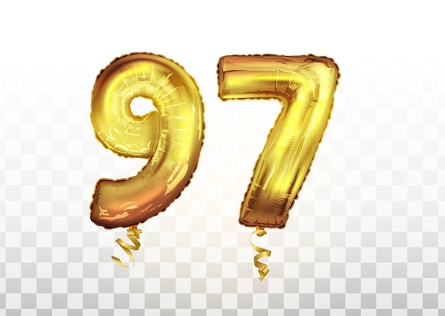 Lámina de oro de vector número 97 noventa y siete globo metálico. decoración de fiesta globos dorados. signo de aniversario para felices fiestas, celebración, cumpleaños
