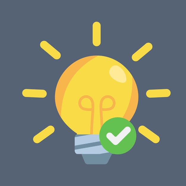 lámpara de bombilla amarilla con signo de comprobación en diseño vectorial plano