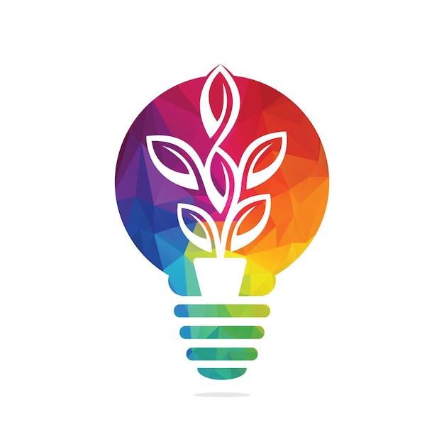Lámpara de bombilla, maceta de flores y maceta, diseño de ilustración vectorial, diseño de logotipo de árbol verde en maceta