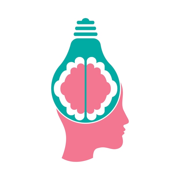 Lámpara de bulbo y cerebro en una cabeza femenina Combinación de cerebro de cabeza humana y lámpara de bulbo
