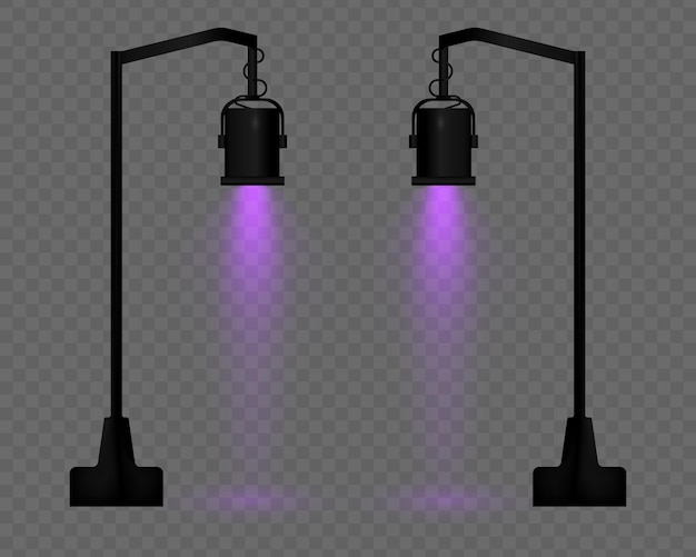 Lámpara de calle vectorial realista con luz púrpura en un fondo transparente Estructura suspendida del cuerpo de metal negro Reflexión del proyector de efecto de haz de iluminación suave