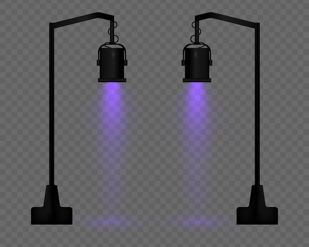 Lámpara de calle vectorial realista con luz púrpura en un fondo transparente Estructura suspendida del cuerpo de metal negro Reflexión del proyector de efecto de haz de iluminación suave