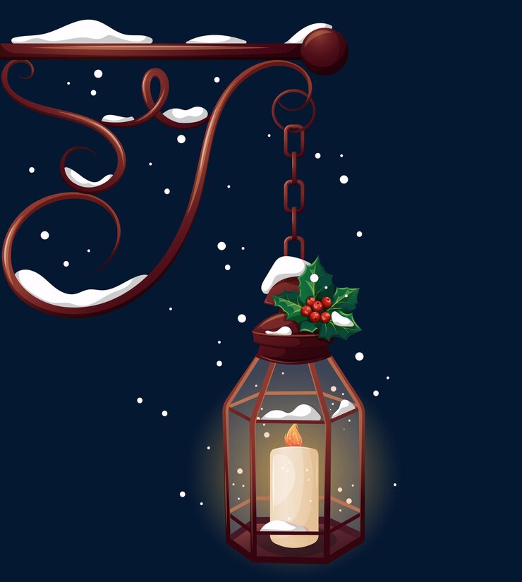 Vector lámpara de calle vintage con vela y linterna de invierno de nieve en estilo de dibujos animados