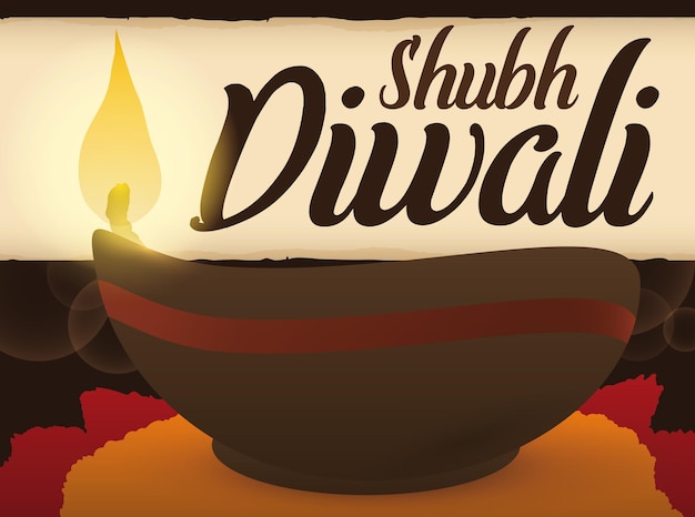 Vector lámpara diya encendida sobre diseño de rangoli y pergamino con mensaje de saludo para shubh significa feliz diwali