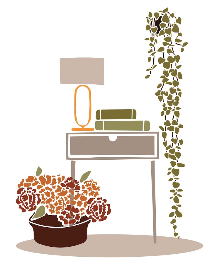 Vector lámpara dorada en una habitación provenzal interior moderno boho con elementos abstractos en estilo recortado