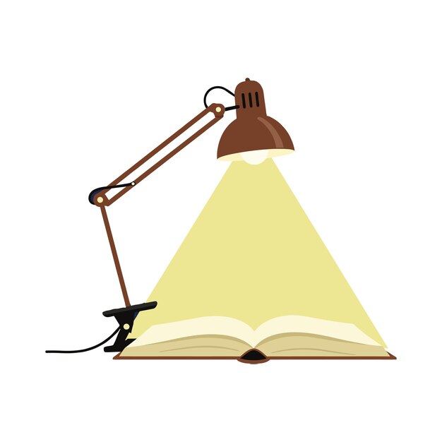 Lámpara de escritorio ajustable que brilla con luz cálida en un libro abierto. Ilustración de vector mínimo plano