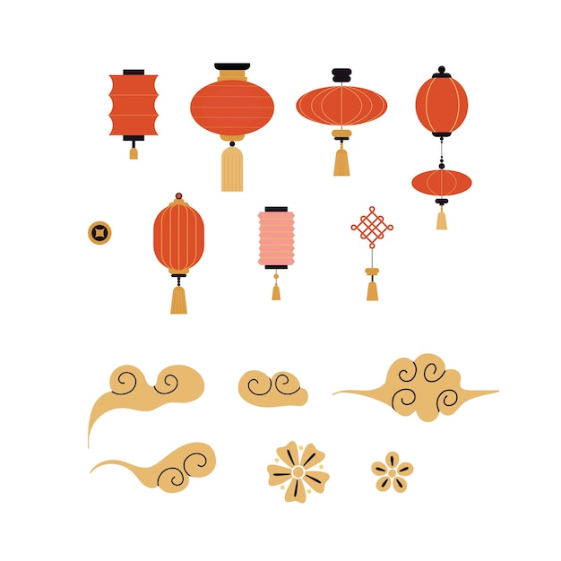 Lámpara de linterna china lámparas rojas tradicionales asiáticas celebración del año nuevo elementos decorativos contemporáneos guirnalda festiva diseño geométrico minimalista vector de dibujos animados plano aislado ilustración 2025