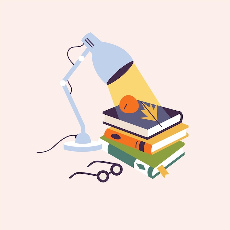 Vector lámpara de mesa de composición de ilustración vectorial con diferentes libros y vasos.