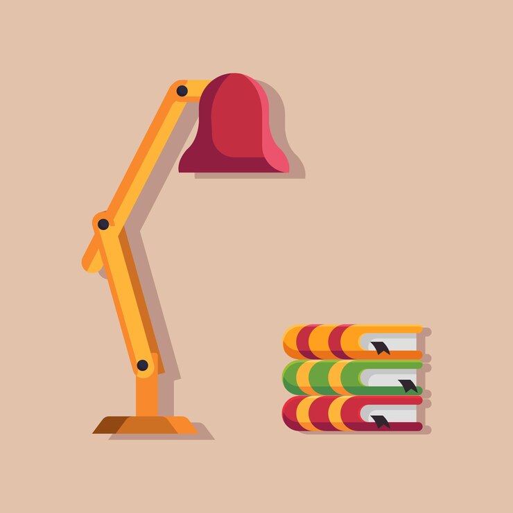 Vector lámpara de mesa con ilustración de vector plano de libros. lámpara de mesa, libros, lección, tarea, velada.