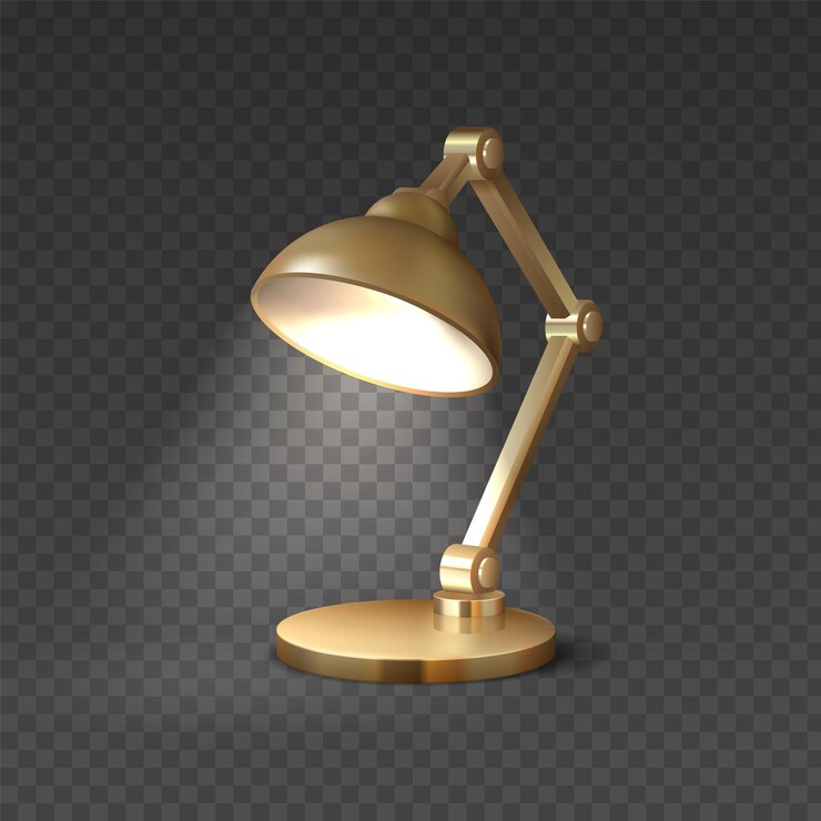 Vector lámpara de mesa realista muebles de luz 3d equipo eléctrico iluminado para diseño de interiores luminaria dorada aislada sobre fondo transparente accesorio de iluminación vectorial en escritorio