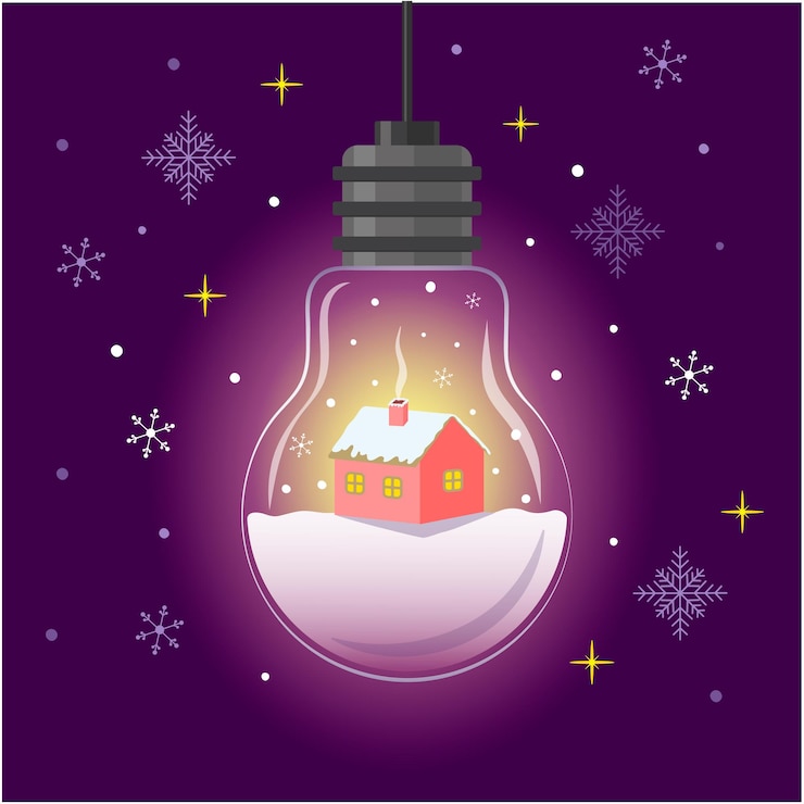 Vector lámpara de navidad de vector con una casa dentro y copos de nieve cayendo