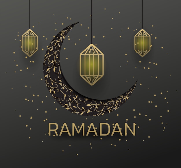 Lámpara de oro hermosa eid mubarak saludo de luna decorativa dorada.ramadan estrella de hormiga luna dorada sobre fondo negro.premium