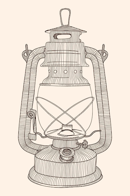 Vector lámpara de queroseno de época antigua con una mecha. dibujo lineal aislado sobre fondo beige.