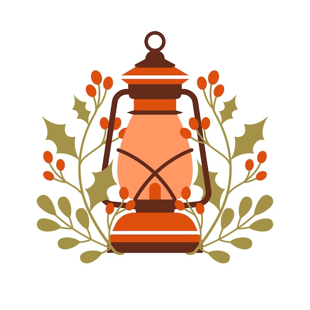 Lámpara de queroseno Ilustración simpática con mango Linterna de aceite Hojas de plantas de invierno