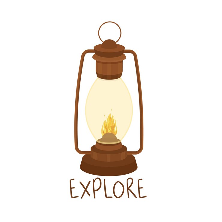 Vector lámpara de queroseno, luz de camping con mango ardiente en estilo de dibujos animados aislado sobre fondo blanco.
