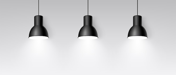 Vector lámpara realista de tres colgando del techo. iluminación brillante. tres lámparas de techo decorativas negras. lámpara colgante moderna