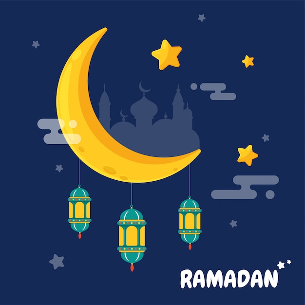 Lámpara de la tarjeta de felicitación de ramadan kareem atada a la luna creciente en el cielo.