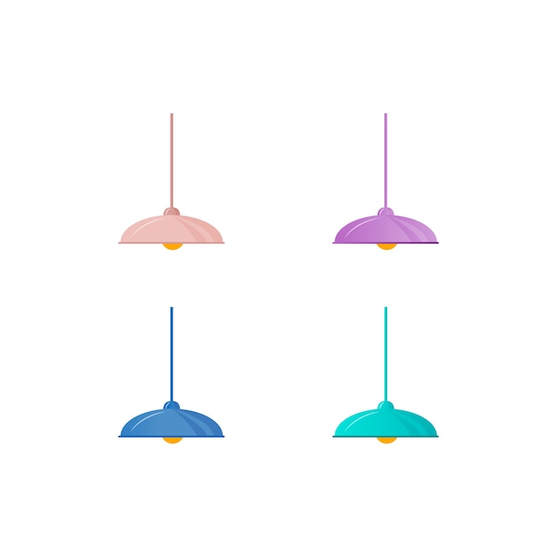 Lámpara de techo colorida conjunto de objetos de color plano. iluminación de loft de apartamentos. varios dibujos animados aislados de bombillas colgantes