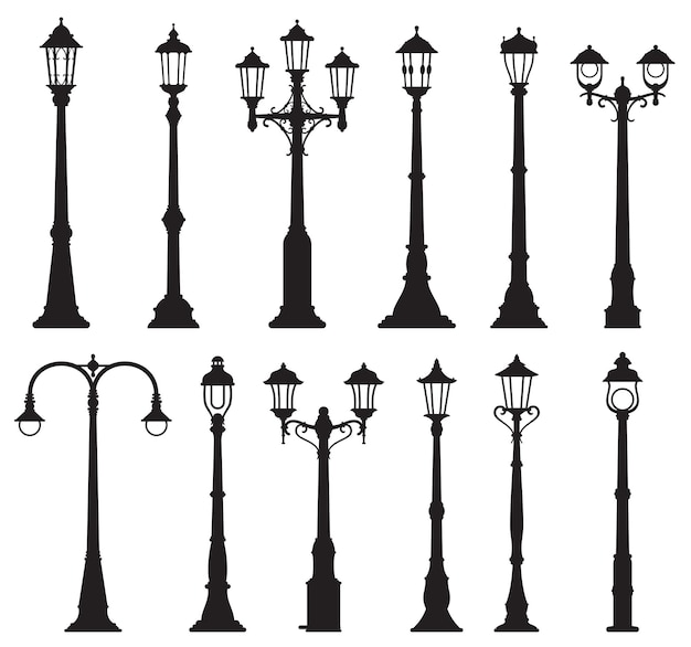 Vector lámparas de alumbrado público aisladas, farola vintage o farola y linternas, iconos de silueta vectorial. antiguos pilares de alumbrado público, postes de linternas retro o farolas de iluminación de la ciudad con bombillas de gas o luz