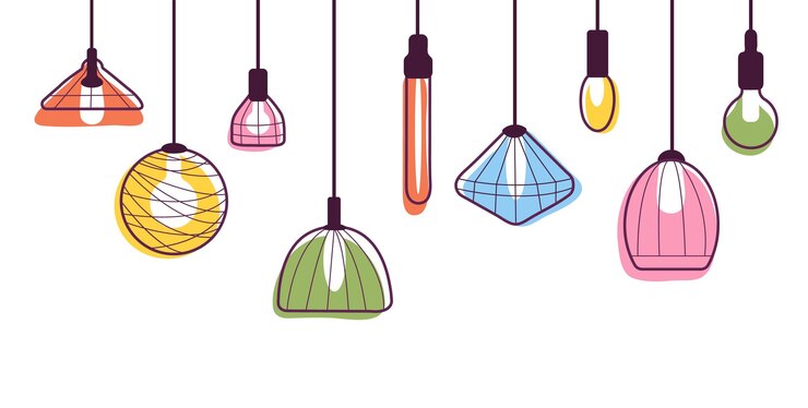 Vector lámparas colgantes banner fondo de la lámpara estilo loft contemporáneo candelabros decorativos linterna vintage aislado garabato iluminación elementos vectoriales decentes