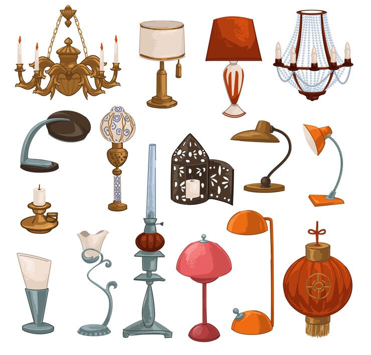 Vector lámparas y fuentes de luz retro y vintage, candelabro aislado con velas, tulipa de los años 50. bombillas rojas chinas y modernas. decoración y mobiliario para el interior del hogar. vector en estilo plano