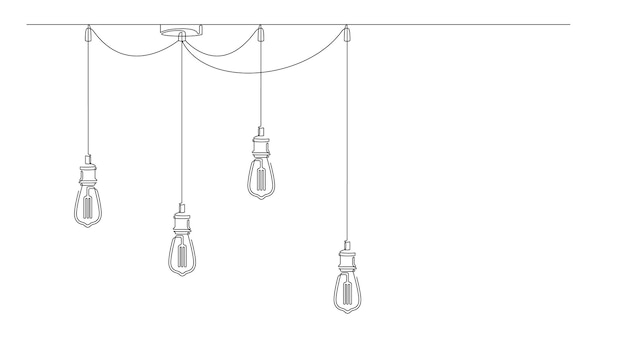 Lámparas de línea continua y bombillas Edison Dibujo de una sola línea de araña de loft moderna con bombillas en estilo lineart Fondo de diseño minimalista Ilustración de vector horizontal Lugar para texto