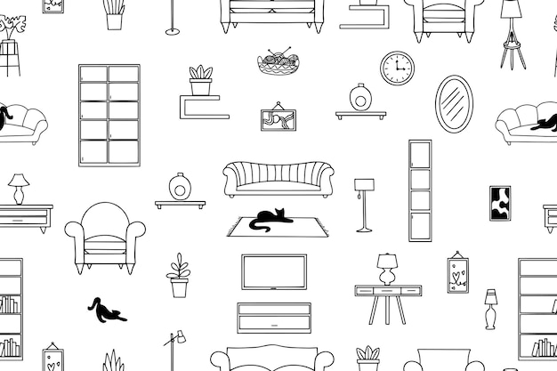 Lámparas de muebles y plantas para el hogar Patrón sin costuras Ilustración vectorial moderna para medios impresos de páginas web de banner