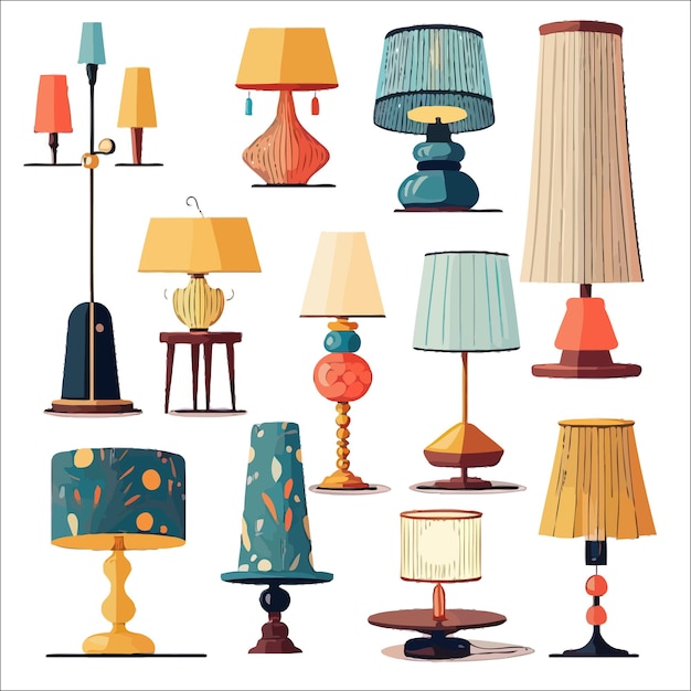 Lámparas de pie de mesa eléctricas, lámparas de araña de techo, luces nocturnas junto a la cama, conjunto aislado en el fondo, ilustración vectorial