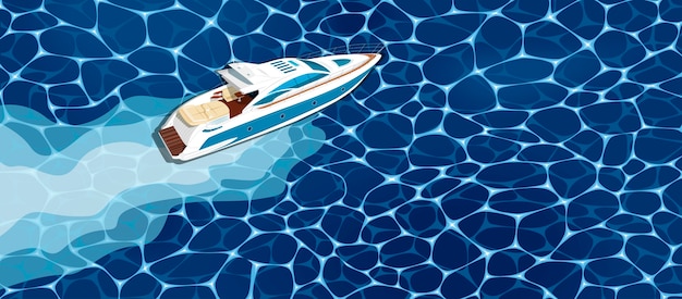 Vector lancha rápida de vista superior en el agua. carrera de yates de lujo, cartel de regata marítima.