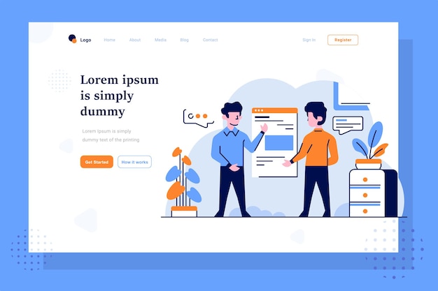 Landing page business dos personas ofrecen aplicaciones de ofertas de presentación planas y con estilo de diseño de esquema