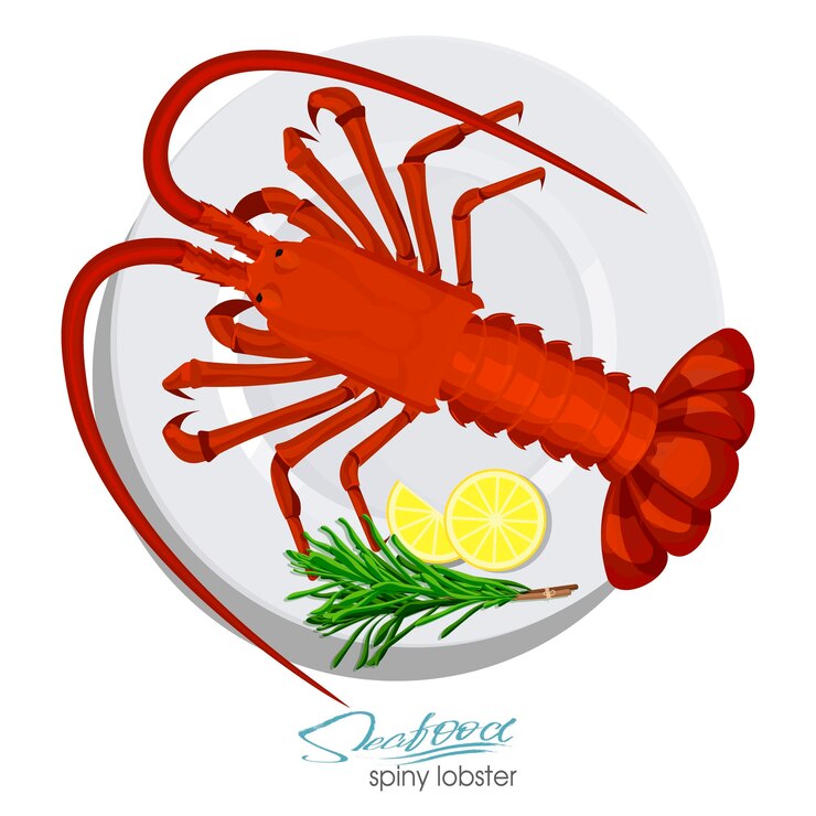 Vector langosta espinosa con romero y limón en el plato en estilo de dibujos animados
