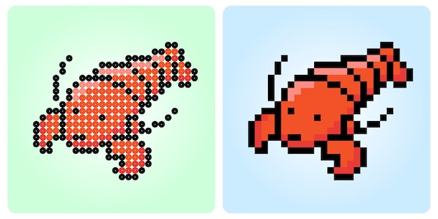 Langosta de píxeles de 8 bits. pixel animals para activos de juegos en ilustraciones vectoriales