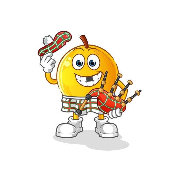 Langsat fruta escocesa con vector de gaitas. personaje animado