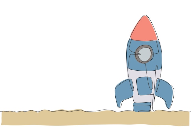 Lanzamiento de cohete de dibujo de línea continua única volar hacia el cielo universo nave espacial vector espacial retro