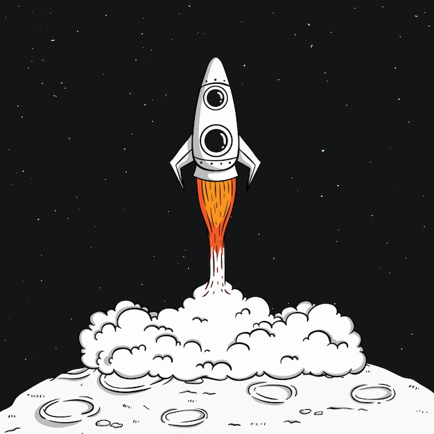 Lanzamiento del cohete espacial en la luna con humo y espacio ilustración